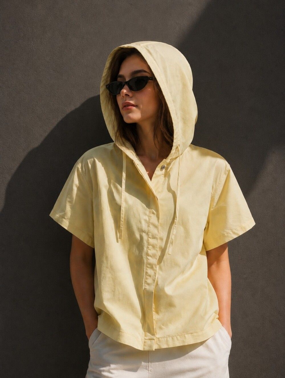 Anne Taylor Loft Women's Size 8 SILK Button Down Shirt with Hoodie Baby Yellow